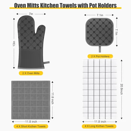 Miniatura 2 de Manoplas de Horno Toallas de Cocina Paños de Cocina con Soportes para Ollas Juego de 12 Piezas, Juego de Toallas de Cocina, Guantes de Horno Gris