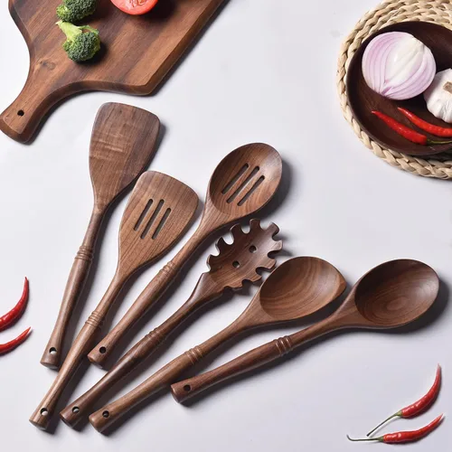 Miniatura 3 de Gudamaye Utensilios de madera de nogal negro de 12 pulgadas, juego de 6 cucharas para manualidades para cocinar