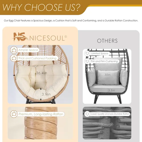 Miniatura 9 de NICESOUL Silla con forma de huevo de mimbre con otomano, silla de salón con cesta de huevo para interior y exterior con cojín, asiento de huevo