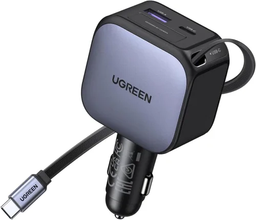 UGREEN Cargador retráctil para automóvil de 90 W, cargador de teléfono USB C de 3 puertos de carga rápida con cable tipo C, adaptador de encendedor