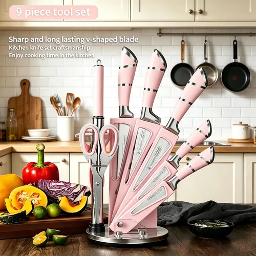 Miniatura 2 de Juego de cuchillos de cocina rosados, 9 piezas, antiadherentes, afilados, de acero inoxidable de alto carbono con bloque acrílico, perfecto