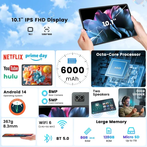 Miniatura 2 de Azeyou 2025 Tablet Android 14 Actualizada, Tablet de 10.1 Pulgadas Procesadores Octa-Core con 8GB RAM 128GB ROM, Pantalla Táctil IPS, Wi-Fi 6, BT
