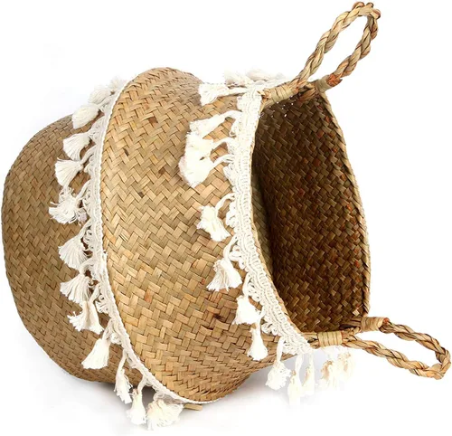 Miniatura 3 de Cesta de Barriga de Hierba Marina Tejida de Macramé con Borlas para Almacenamiento, Decoración, Lavandería, Picnic, Cubierta de Maceta, Comestibles
