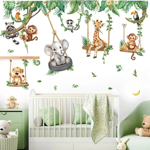 Miniatura 2 de decalmile Pegatinas de pared de animales de la selva en columpios, animales de safari, elefante, jirafa, mono, hojas tropicales, calcomanías