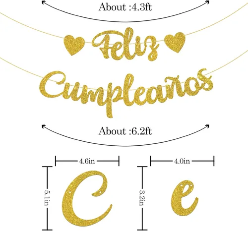 Miniatura 2 de WeBenison Cartel de Feliz Cumpleaños con temática de fiesta de feliz cumpleaños/decoraciones de fiesta de cumpleaños en español, purpurina dorada