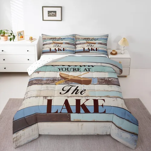 Lake Life - Juego de edredón de tamaño individual para niños, adolescentes, juego de ropa de cama de madera rústica, transpirable, decoración de