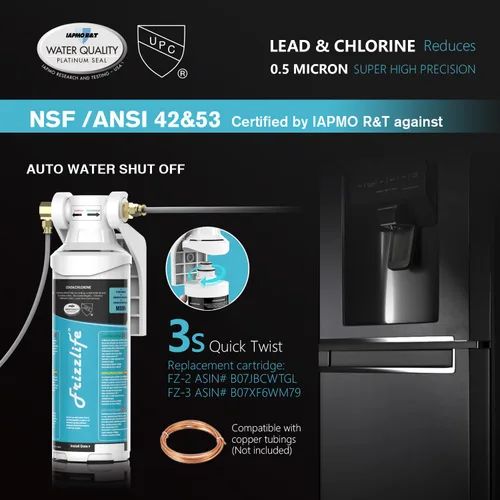 Miniatura 2 de Frizzlife Sistema de Filtro de Agua en Línea para Refrigerador, Máquina de Hielo, Debajo del Fregadero, Certificado 0.5 Micron, Reduce Cloro, Plomo