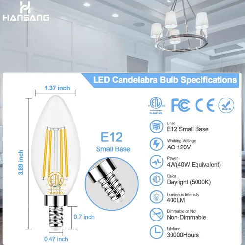Miniatura 3 de Bombilla LED E12 de 5000 K, luz diurna brillante, bombillas tipo B equivalentes a 40 W con base de candelabro pequeña, bombillas de araña