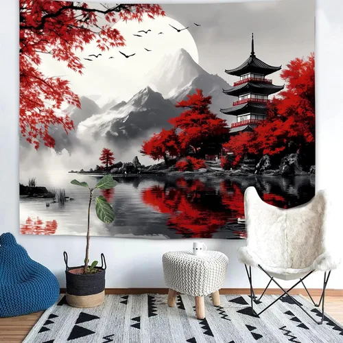 Miniatura 6 de Yookeb Tapiz Japonés de Montaña en Negro y Rojo 51 x 51 Pulgadas para Colgar en la Pared, Decoración de Anime de Asia, Paisaje de Bosque