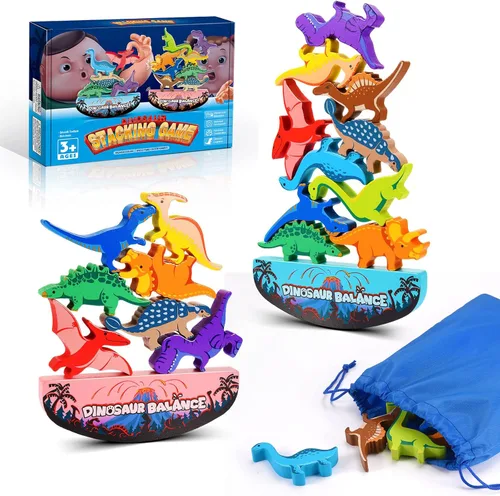 IPOURUP Juguetes de dinosaurio para niños de 3 a 5: juguetes Montessori apilables de madera para niños de 3, 4, 5, 6, 7 años, juego de competencia
