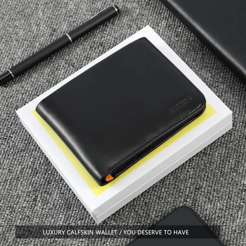 Miniatura 7 de Billeteras delgadas de piel de becerro para hombres con bloqueo RFID, bolsillo frontal de cuero, billetera minimalista plegable de fácil acceso