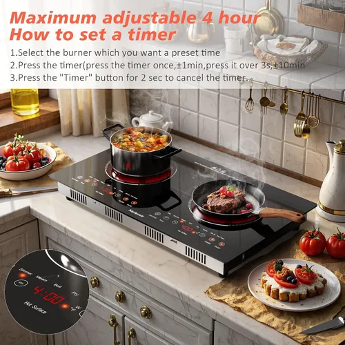 Miniatura 2 de Estufa eléctrica de 2 quemadores de 110 V, 2000 W, encimera eléctrica empotrada e incorporada, cocina eléctrica enchufable de 24 pulgadas, 8 niveles