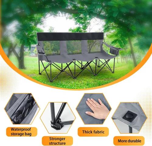 Miniatura 4 de Teenyyou Silla de camping para 3 personas, silla de playa plegable de gran tamaño con soporte para tazas refrigerador, bolsa trasera de malla Gris