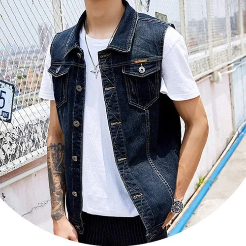 Miniatura 2 de Chaleco de mezclilla casual con botones para hombre, estilo vintage, sin mangas, con pantalones de mezclilla
