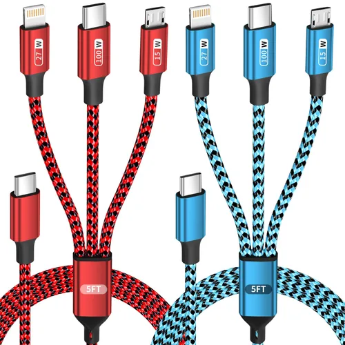 Miniatura 22 de Cable de carga múltiple (paquete de 2 cables de 4 pies) 3 en 1 para múltiples dispositivos, cable de carga universal trenzado de nailon para Negro
