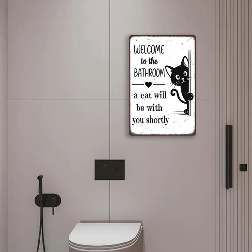 Miniatura 2 de Divertida decoración de baño – Welcome to the Bathroom A Cat Will Be With You Shortly – Cartel de metal de gato negro para baño, inodoro o tocador