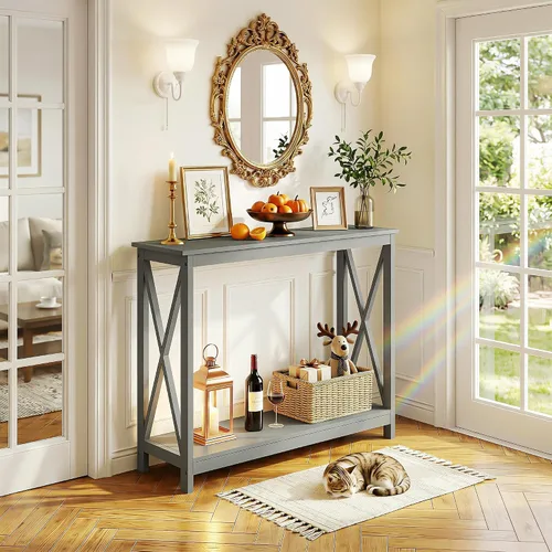 Miniatura 5 de ZENY Mesa consola, mesa de entrada, mesa de sofá estrecha con estantes de 2 niveles, mesa de entrada para sala de estar, entrada, pasillo, vestíbulo