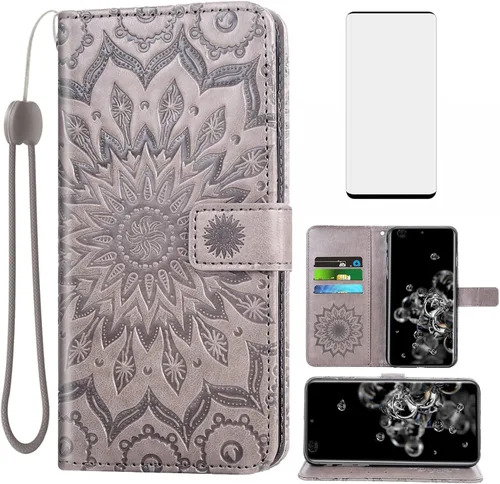 Funda de teléfono para Samsung Galaxy S20 Ultra 5G con protector de pantalla de vidrio templado, funda de cuero con tapa para tarjetero, accesorios