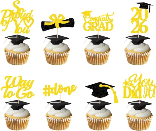 Miniatura 18 de Decoraciones de graduación 2026 azul, adornos para cupcakes de graduación 2026 azul y negro, suministros de decoración para cupcakes clase de 2026