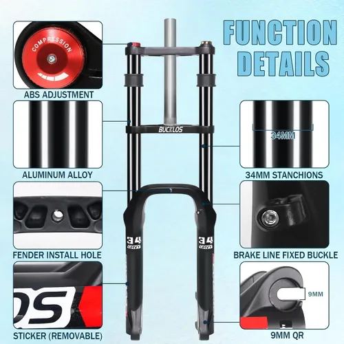 Miniatura 8 de BUCKLOS 20 pulgadas 4.0 Fat Tire Bike Suspension Tenedor, 7.087 in Travel 5.315 in Spacing Hub 0.354 in QR Ebike Oil MTB Fat Fork, Doble Corona