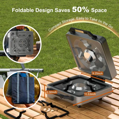 Miniatura 4 de Estufa de campamento plegable de 2 quemadores de 27000 BTUs con parabrisas, estufa de campamento portátil con quemadores ajustables y bolsa