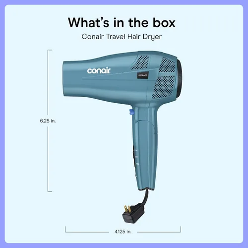 Miniatura 7 de Secador de pelo iónico Conair de 1875 W con mango plegable y guardacables, Azul Cable retráctil con mango plegable de doble voltaje de 1875 W