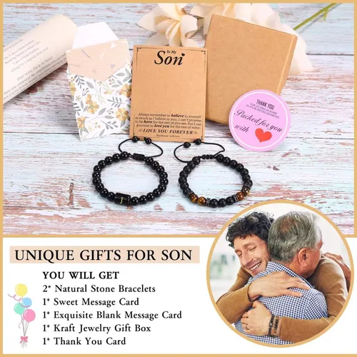 Miniatura 5 de STORUP Regalos para mi hijo de mamá papá, 2 pulseras de cuentas de obsidiana con inicial de ojo de tigre y ágata negra, regalos de cumpleaños, Día