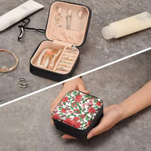 Miniatura 7 de WELLDAY Jewelry Box Red Rose Flower Portable Travel Jewelry Case Organizer Bag Storage Box for Necklace, Earrings, Rings, Bracelet