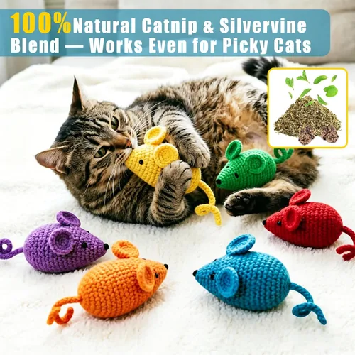 Miniatura 3 de Retro Shaw Juguetes de hierba gatera de ganchillo, 6 piezas de hilo para pezón de gato, ratones seguros para limpieza de dientes, juguete masticable
