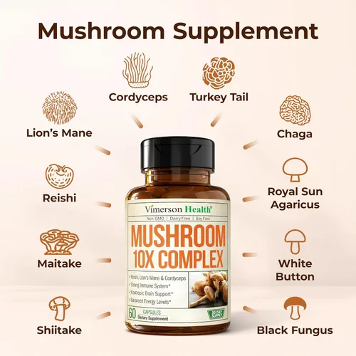 Miniatura 5 de Complejo de hongos 10x con extracto de melena de león, cola de pavo, cordyceps, reishi, shiitake, chaga y maitake para apoyo cognitivo, mezcla