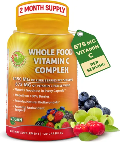 Complejo de vitamina C de alimentos integrales, 1450 mg de bayas orgánicas, 675 mg de vitamina C por porción, antioxidante de alta potencia y apoyo