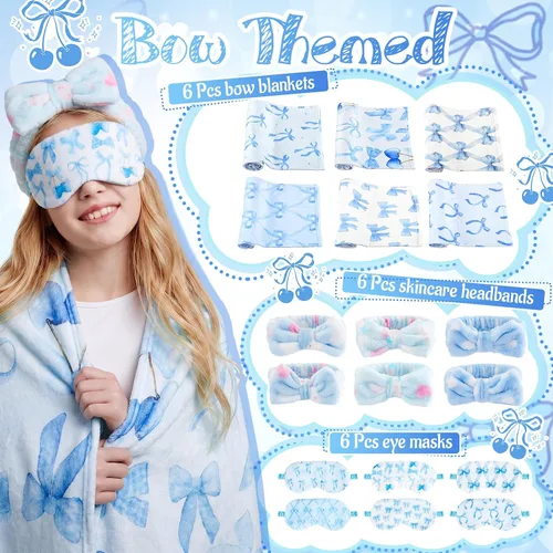 Miniatura 2 de Fanfanwin 18 piezas de suministros para fiesta de pijamadas para niñas, 6 mantas lindas con lazo azul de 1 estilo, 6 diademas de spa de vellón