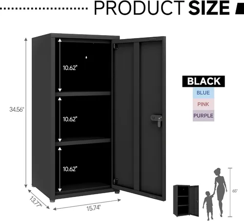 Miniatura 3 de MIOCASA Metal Storage Cabinet with Lock, 3 Adjustable Shelves Single Door Steel Locker for Home, Office & Garage (Black)