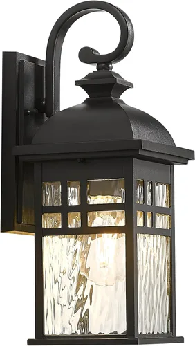 Miniatura 8 de Farol de pared exterior de aluminio negro con vidrio ondulado de agua, impermeable, luces de porche para puerta de patio, paquete de 2 enchufes E26