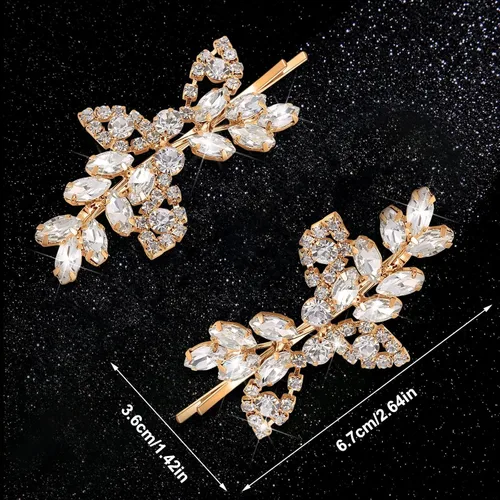 Miniatura 2 de Waydress 4 pinzas para el pelo con diamantes de imitación para boda, pasador de pelo de novia, diseño de hojas decorativas, accesorios de horquilla
