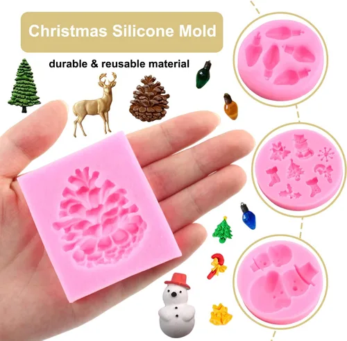 Miniatura 2 de ZiXiang Moldes de fondant de Navidad, copo de nieve, muñeco de nieve, piña, reno, bombilla, hojas de acebo, caramelo, chocolate, moldes de silicona