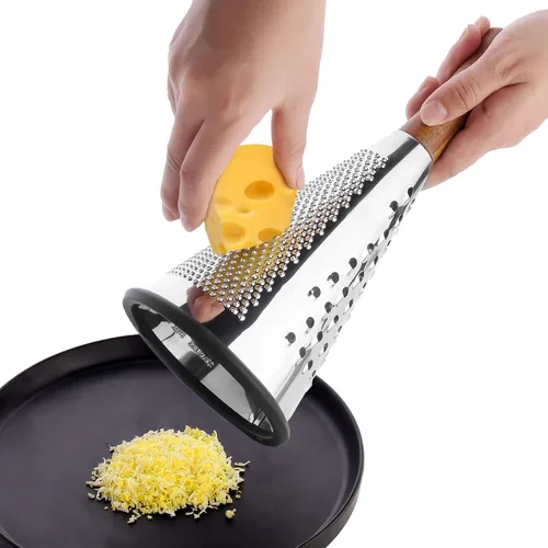 Rallador de queso cono con mango – Acero inoxidable triple función mango de madera parmesano afeitadora de goma antideslizante de mano multifunción
