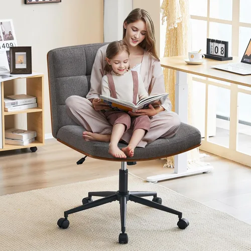Miniatura 2 de Furnimart FSC Silla de Escritorio Ancha de Madera, Silla de Oficina Giratoria 360° Criss Cross con Ruedas, Cómodo Sentado con Piernas Cruzadas, Gris