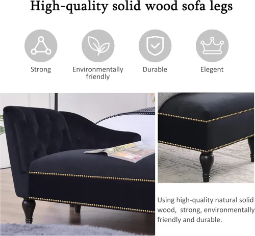 Miniatura 5 de Tumbona de terciopelo de 58 pulgadas, sillón con brazos copetudos con botones y ribete de cabeza de clavo y patas de madera maciza para sala