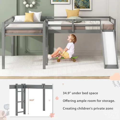 Miniatura 6 de Merax Cama doble tipo loft de tamaño individual con tobogán y escalera, marco de cama de madera en forma de L con barandilla de longitud completa
