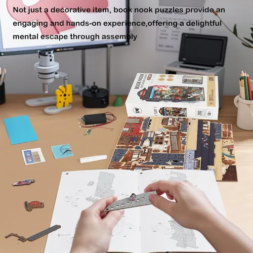 Miniatura 6 de Edo Sakura Journey - Kit de bricolaje de madera 3D con luz LED, inserto de estantería de flor de cerezo y decoración de sujetalibros