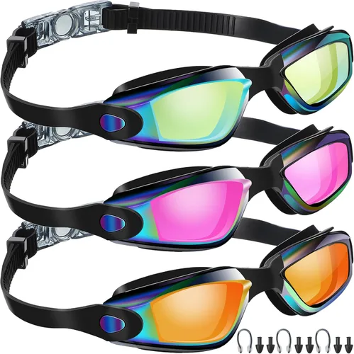 Miniatura 9 de Flutesan Paquete de 3 gafas de natación sin fugas, de silicona, antivaho con clip para la nariz, tapones para los oídos para adultos y niños, 3