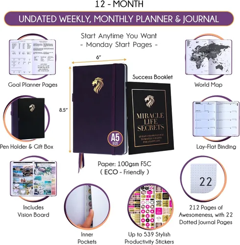 Miniatura 2 de Life Planner - Agenda diaria, semanal y mensual sin fecha con sección de presupuesto, un viaje de 12 meses para aumentar la productividad