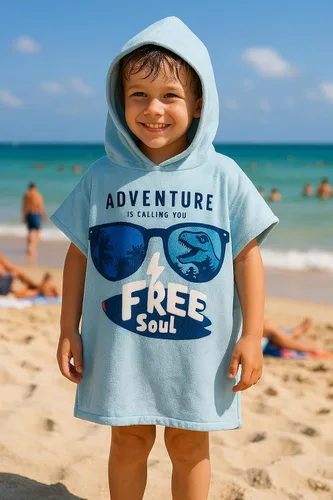 Miniatura 9 de Toalla de poncho de playa con capucha para niños, 100% algodón turco en el interior y microfibra de secado rápido en el exterior - Suave y Dinosaurio