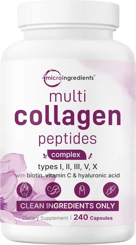 Micro Ingredients Píldoras de colágeno múltiple para mujeres y hombres, 240 cápsulas | Tipo I, II, III, V, X | Péptidos proteicos hidrolizados con