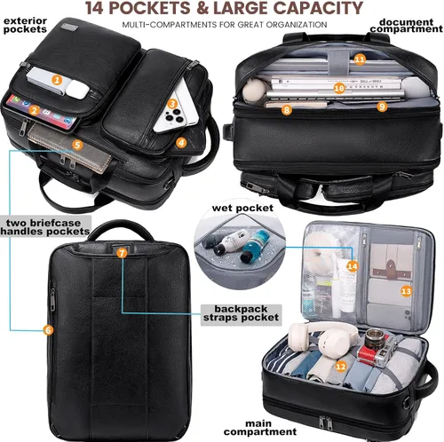 Miniatura 3 de weiatas Bolsa convertible 3 en 1 de cuero vegano para laptop para hombres y mujeres, mochila de viaje expandible para trabajo Convertible