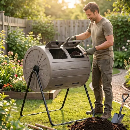 Miniatura 6 de DRATO Contenedor de compostaje para exteriores, 37.5 galones, para todas las estaciones, doble cámara para jardín, cocina, patio, exterior (gris)