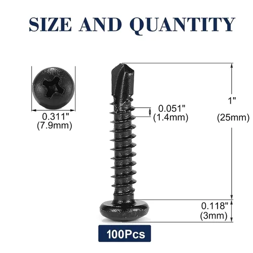 Miniatura 2 de #8 x 1 Tornillos de chapa metálica 100 piezas 410 tornillos Tek de cabeza plana de acero inoxidable Tornillos autorroscantes rápidos Óxido negro por