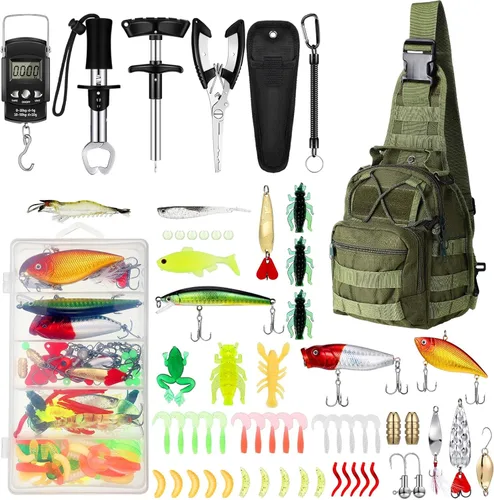 Miniatura 14 de Sosation 134 Piezas Herramienta de Pesca Herramienta de Pesca y Equipo Regalo para Adultos, Removedor de Anzuelos, Kit de Alicates, Mochila Caqui