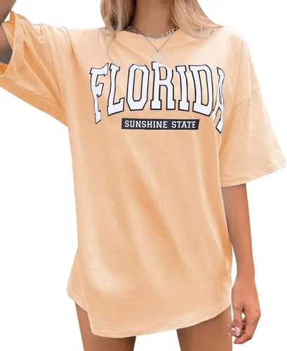 MISSACTIVER Camiseta con estampado gráfico de letras de Florida para mujer, de manga corta, cuello redondo, hombros caídos, casual, camiseta, Rosado